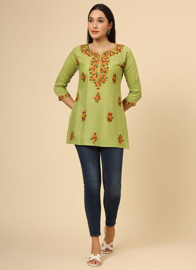 Rayon  Green Office Wear Embroidery Work Readymade Top